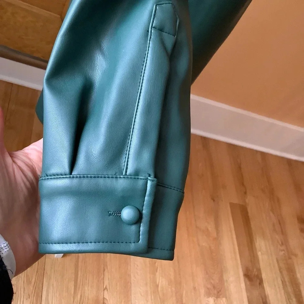 HILARY MACMILLAN Forest Green Vegan Faux Leather Shirt Dress Midi M - Picture 6 of 13